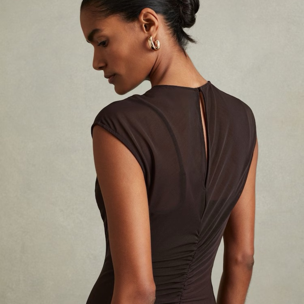 LYRA MESH RUCHED MIDI DRESS IN CHOCOLATE - Picture 9 of 9